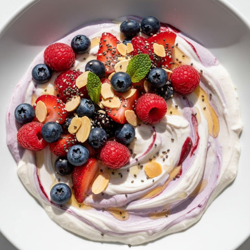 Creamy Greek Yogurt with Mixed Berries and Vanilla Protein Powder