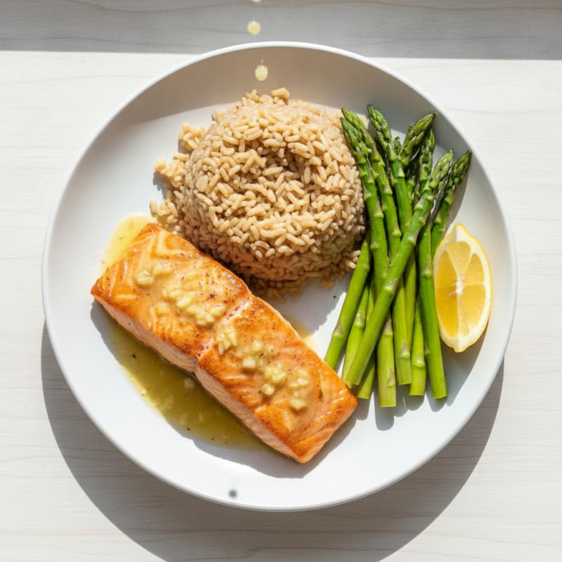 Seared Salmon Fillet with Steamed Asparagus and Brown Rice