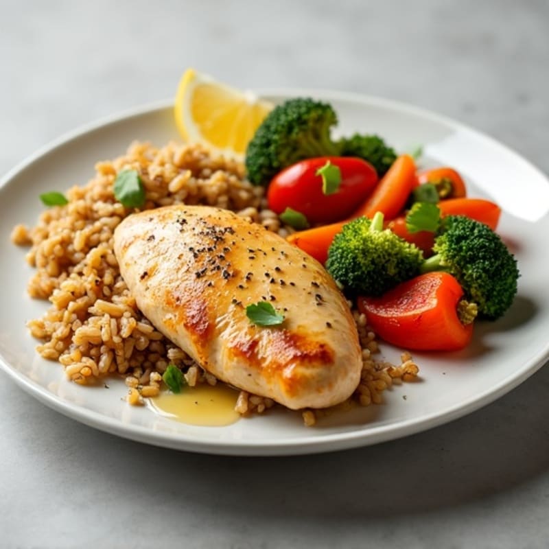 Lemon Garlic Chicken with Roasted Vegetables and Brown Rice