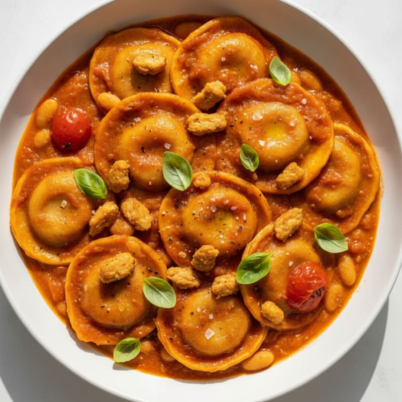 Roasted Tomato Basil Sauce with High-Protein Vegan Ravioli