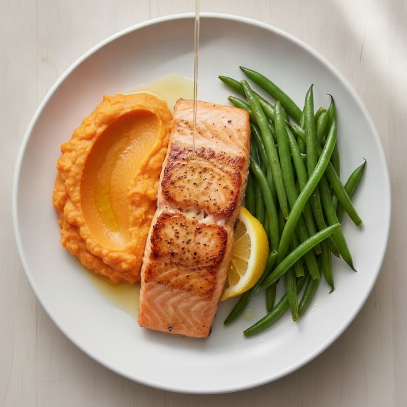Seared Salmon Fillet with Steamed Green Beans and Sweet Potato Mash