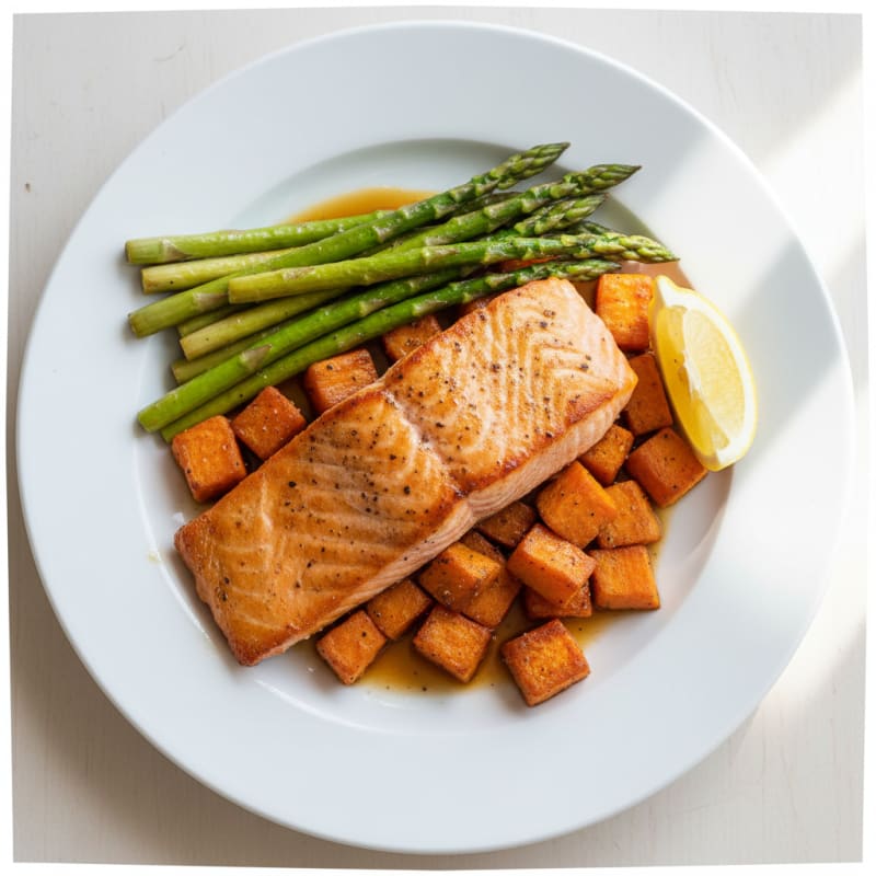 Seared Salmon with Roasted Sweet Potatoes and Asparagus