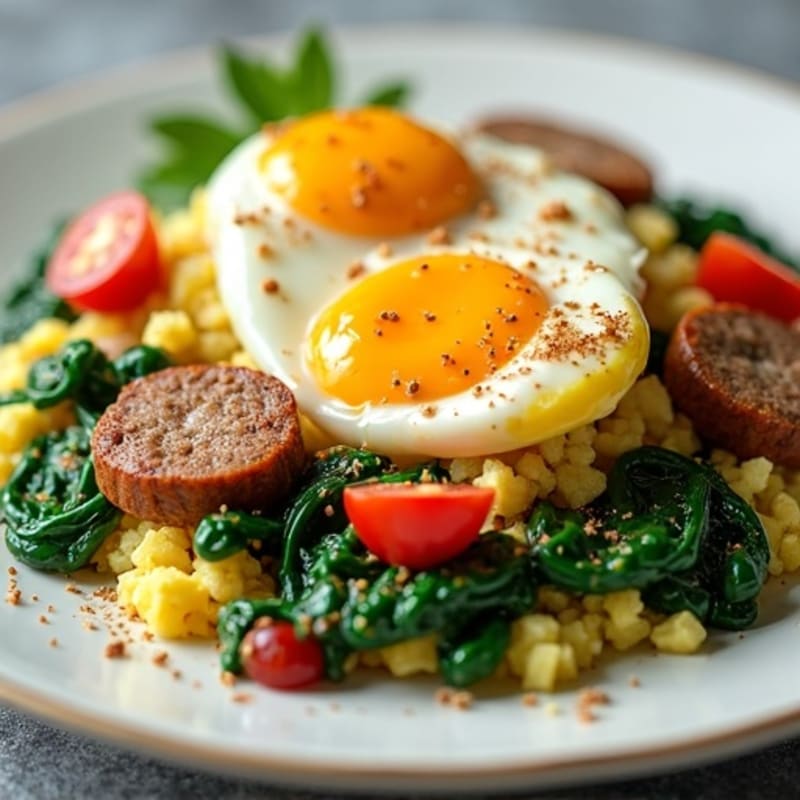 Egg White Scramble with Turkey Sausage and Sautéed Spinach