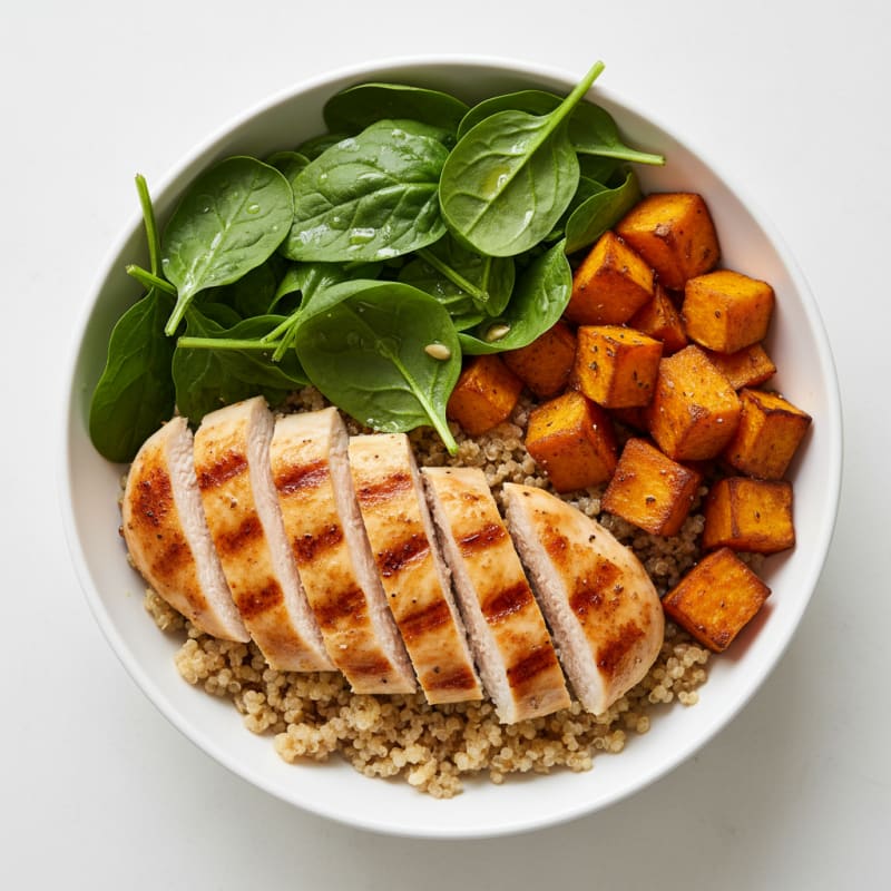 Grilled Chicken and Quinoa Bowl with Roasted Sweet Potato and Spinach