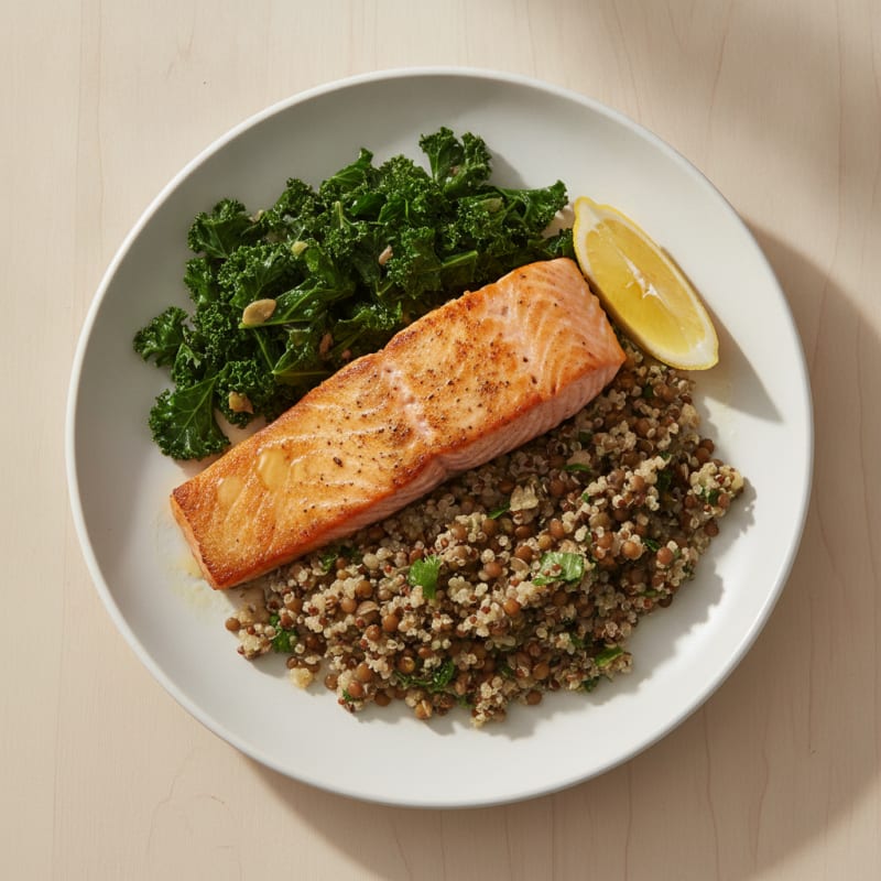 Seared Salmon with Lentil Pilaf and Garlic Sautéed Kale