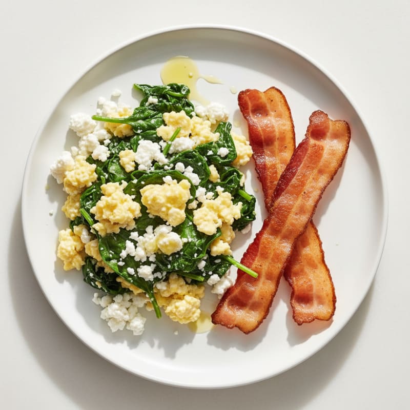 Cottage Cheese Egg Scramble with Sautéed Spinach and Turkey Bacon