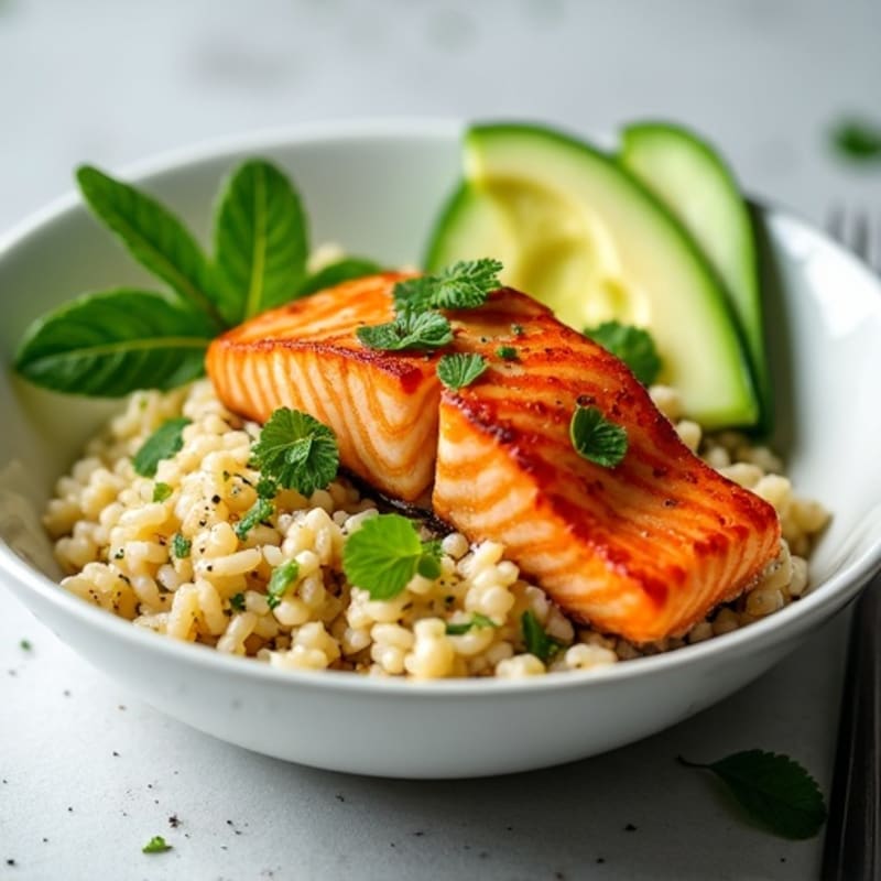 Seared Salmon with Fresh Avocado and Cucumber Rice Bowl