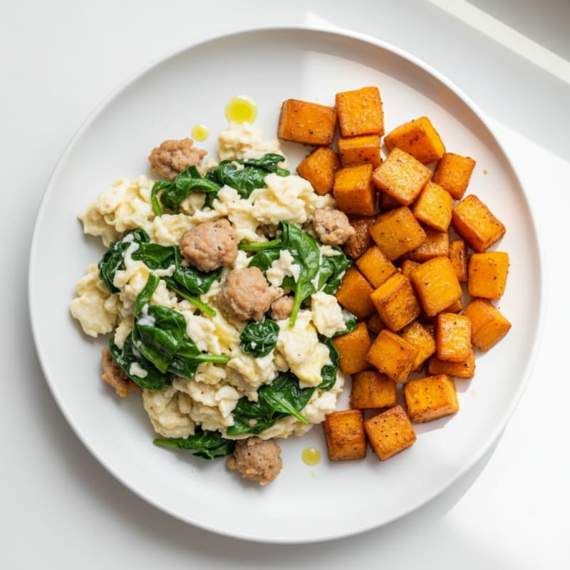 Egg White and Turkey Sausage Scramble with Spinach and Roasted Sweet Potato