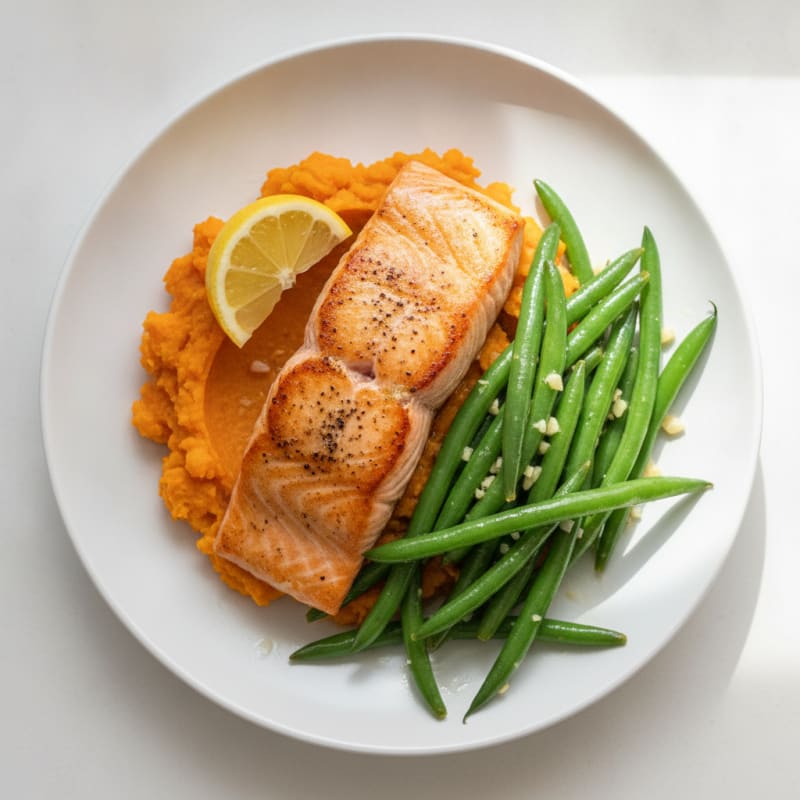 Seared Salmon with Garlic Green Beans and Sweet Potato Mash