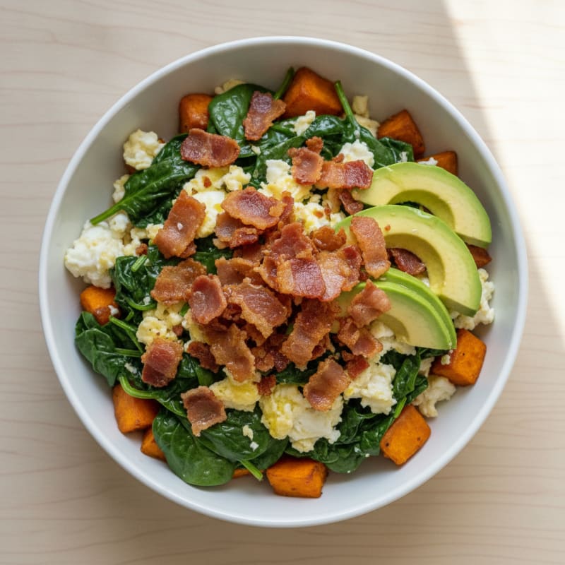 Crispy Turkey Bacon and Egg White Breakfast Bowl with Sautéed Spinach