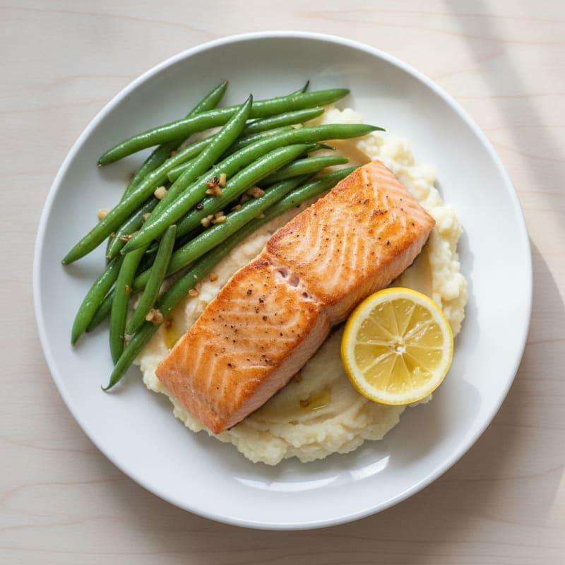 Seared Salmon with Garlic Green Beans and Cauliflower Mash