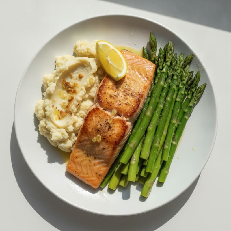 Seared Salmon with Steamed Asparagus and Garlic Mashed Cauliflower