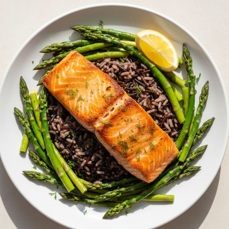 Seared Salmon with Steamed Asparagus and Wild Rice