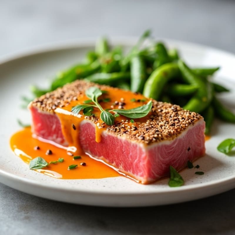 Sesame-Crusted Seared Tuna with Spicy Mayo and Edamame Salad