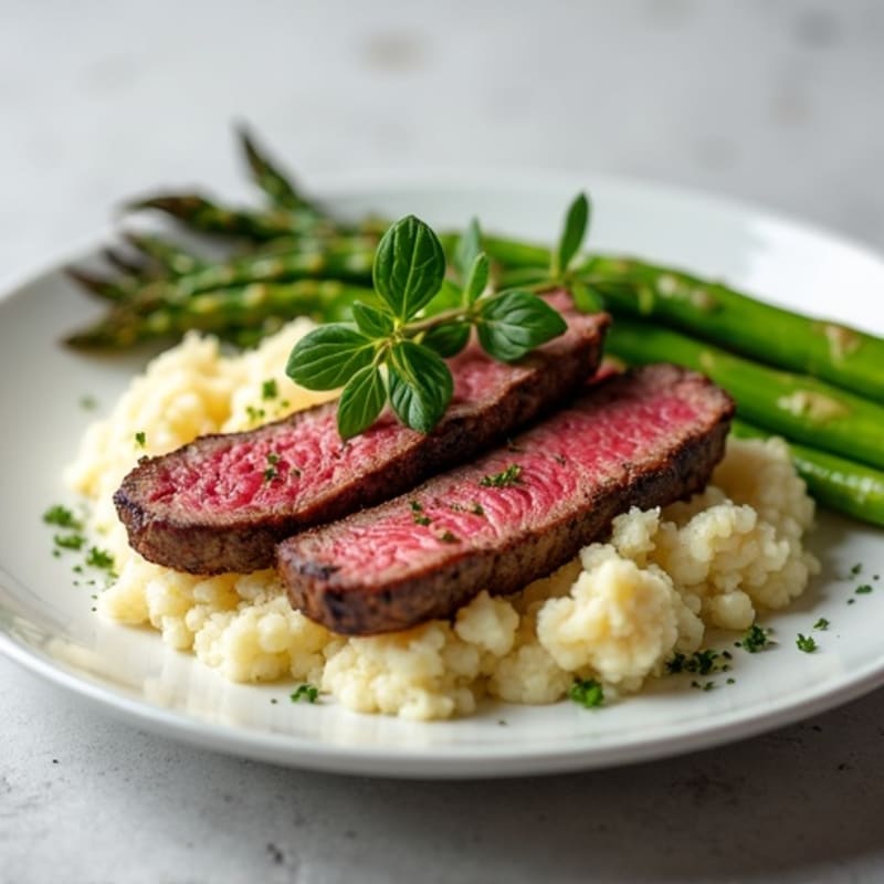 Seared Lean Beef Strips with Roasted Asparagus and Cauliflower Mash