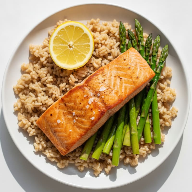 Seared Salmon with Steamed Asparagus and Brown Rice