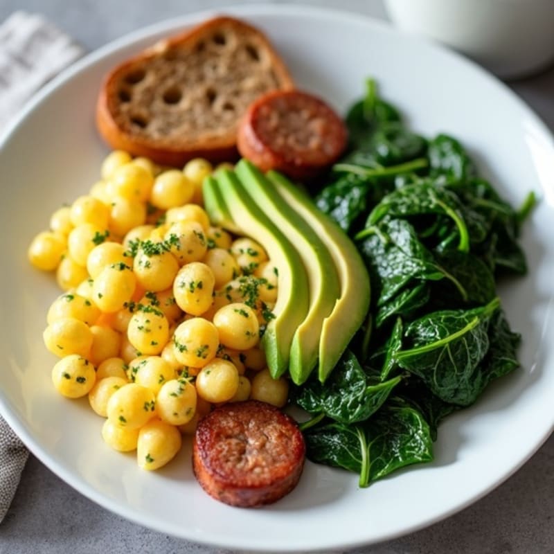 Egg White and Turkey Sausage Scramble with Sautéed Spinach