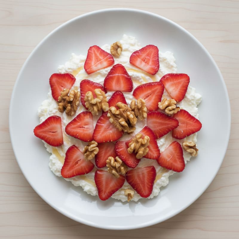 Cottage Cheese Protein Mousse with Sliced Strawberries and Walnuts