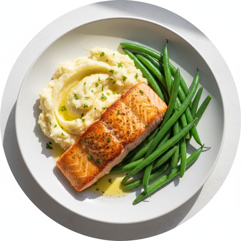 Seared Salmon with Steamed Green Beans and Garlic Mashed Potatoes