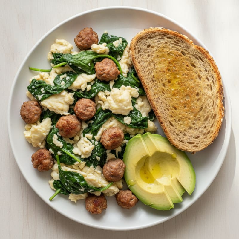 Egg White Spinach Scramble with Turkey Sausage