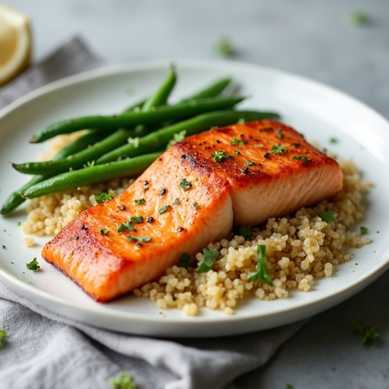 Seared Salmon Fillet with Quinoa and Garlic Green Beans