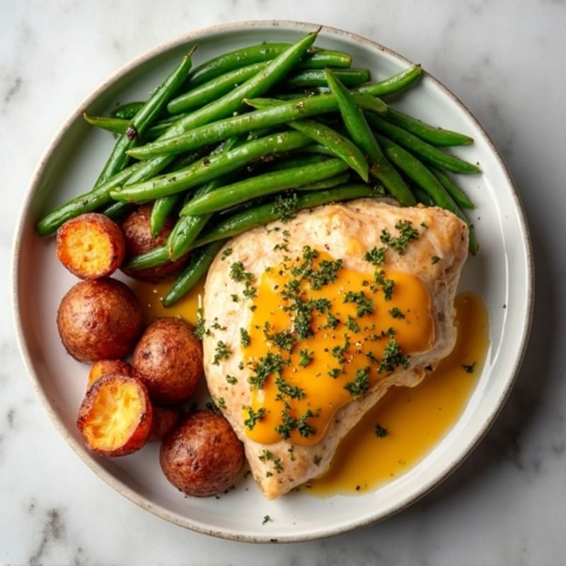 Herb-Roasted Chicken with Cheesy Green Beans and Crispy Red Potatoes