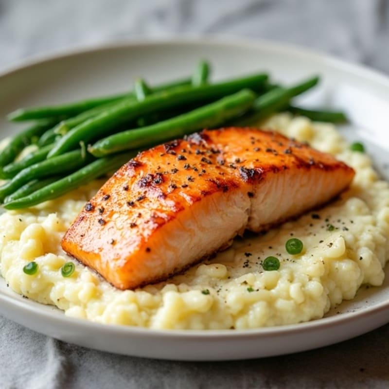 Seared Salmon Fillet with Steamed Green Beans and Garlic Mashed Cauliflower