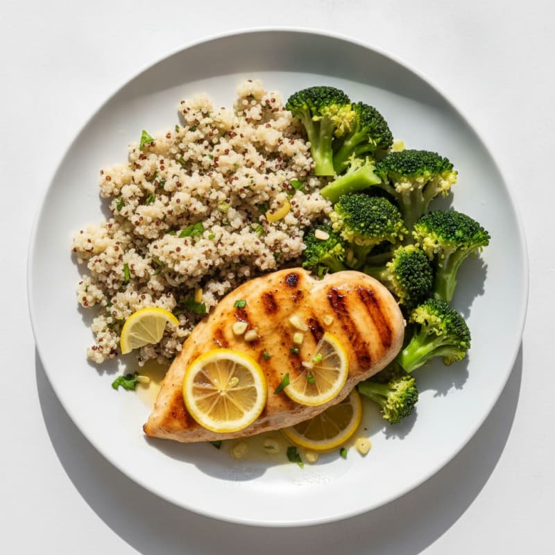 Grilled Lemon Garlic Chicken Breast with Quinoa and Steamed Broccoli