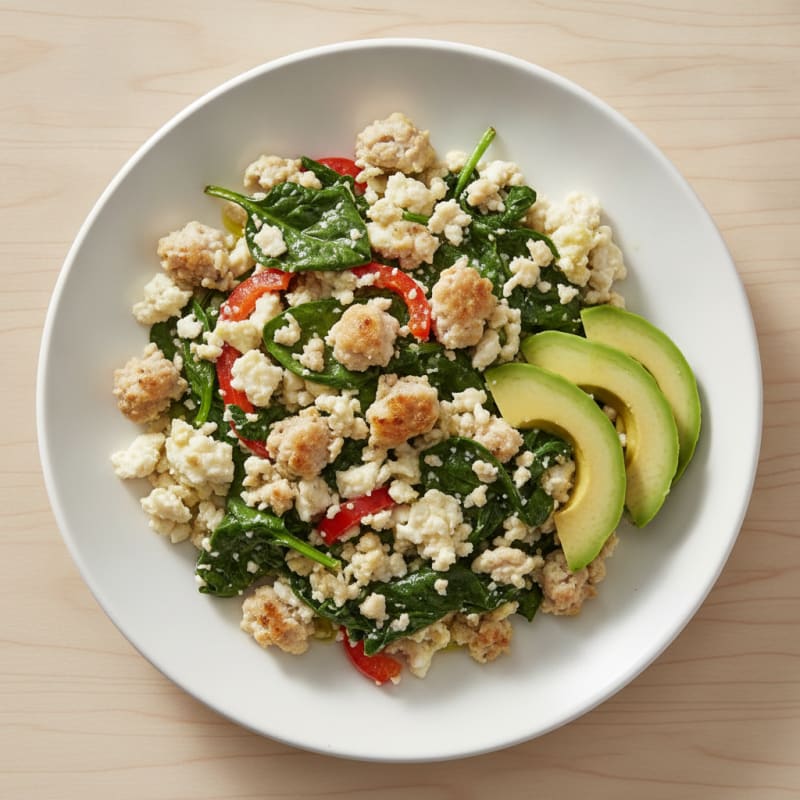 Egg White and Turkey Sausage Scramble with Sautéed Spinach
