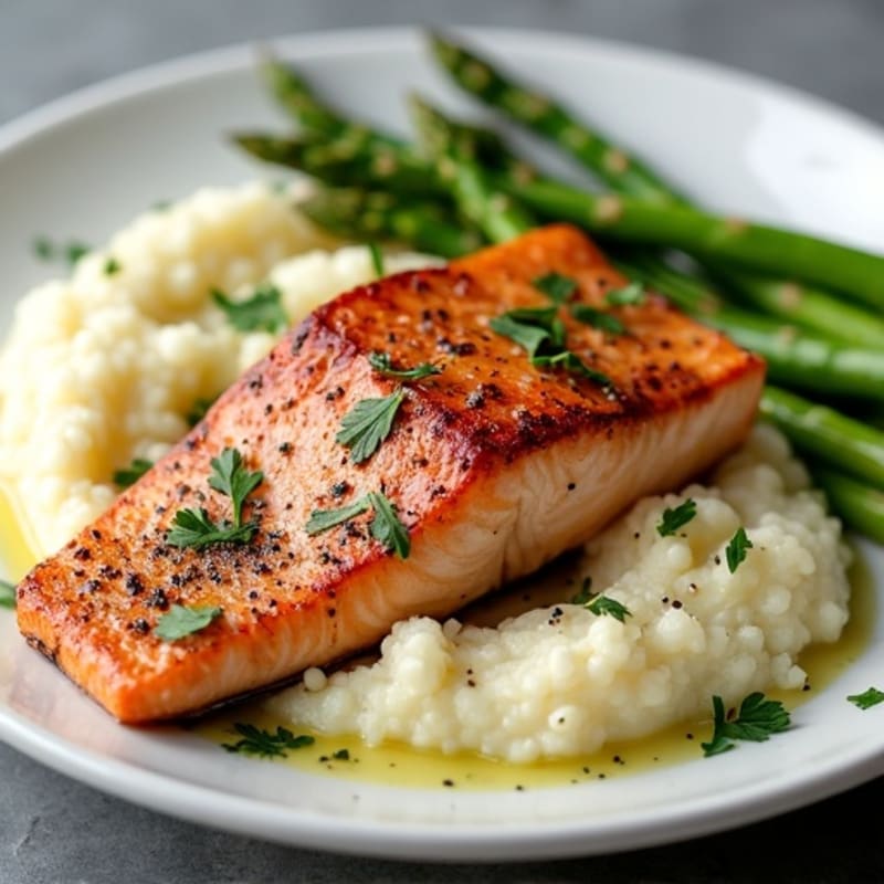Seared Salmon Fillet with Roasted Asparagus and Cauliflower Mash