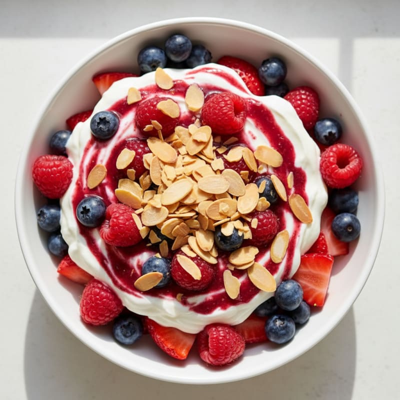 Greek Yogurt Protein Parfait with Mixed Berries and Almonds