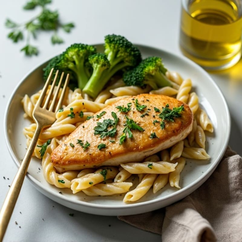 Pan-Seared Chicken with Creamy Pesto Whole Wheat Pasta and Roasted Broccoli