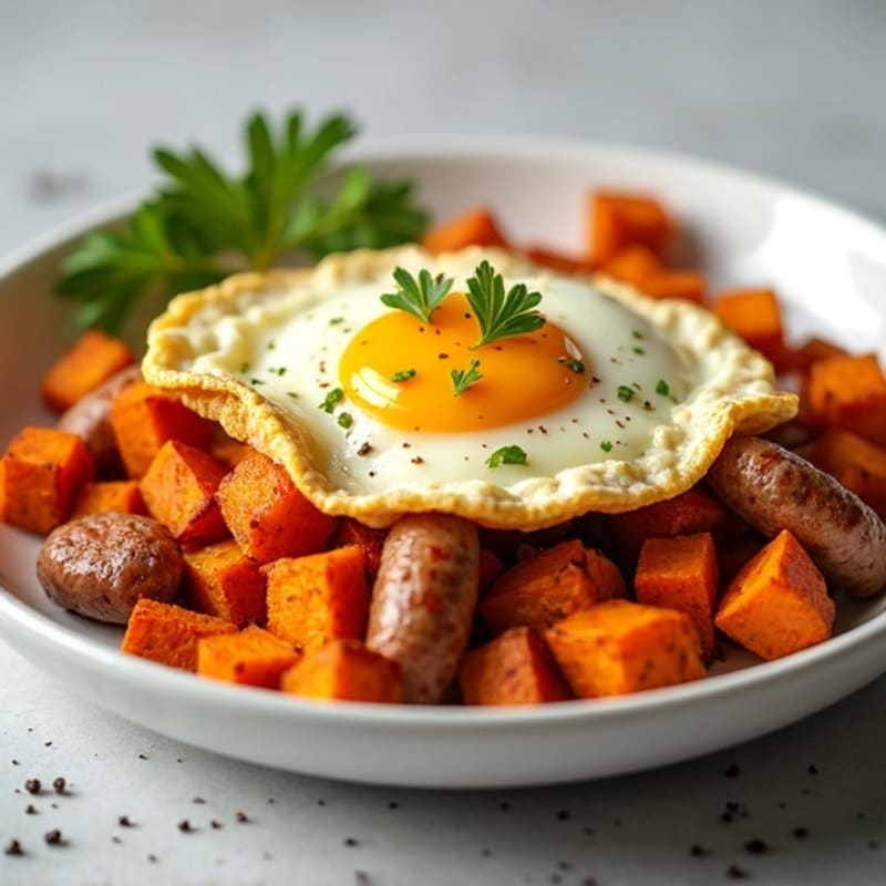 Crispy Turkey Sausage and Egg White Scramble with Roasted Sweet Potatoes