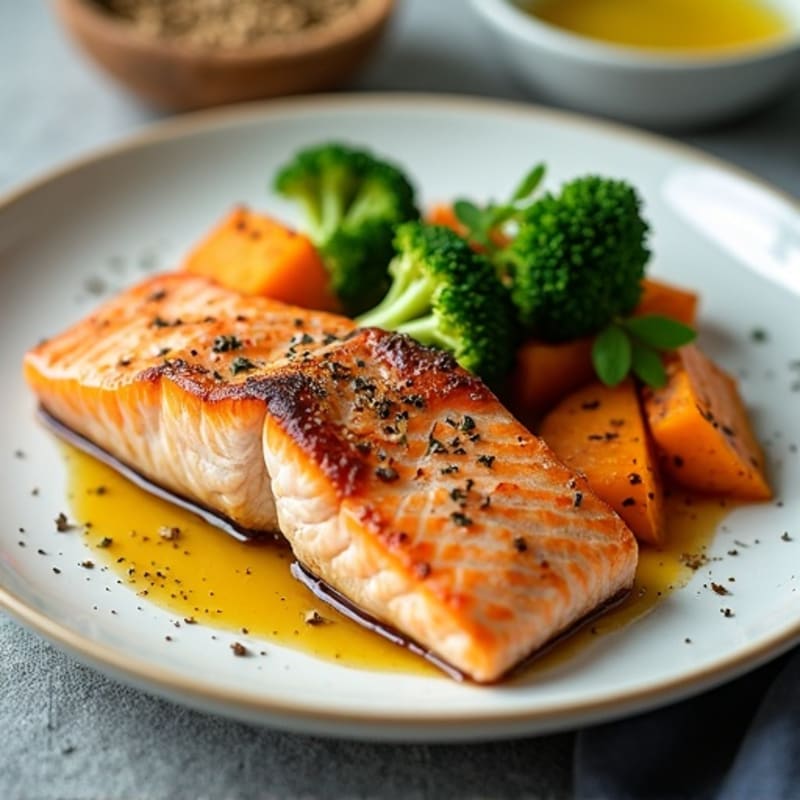 Seared Salmon with Roasted Sweet Potato and Steamed Broccoli