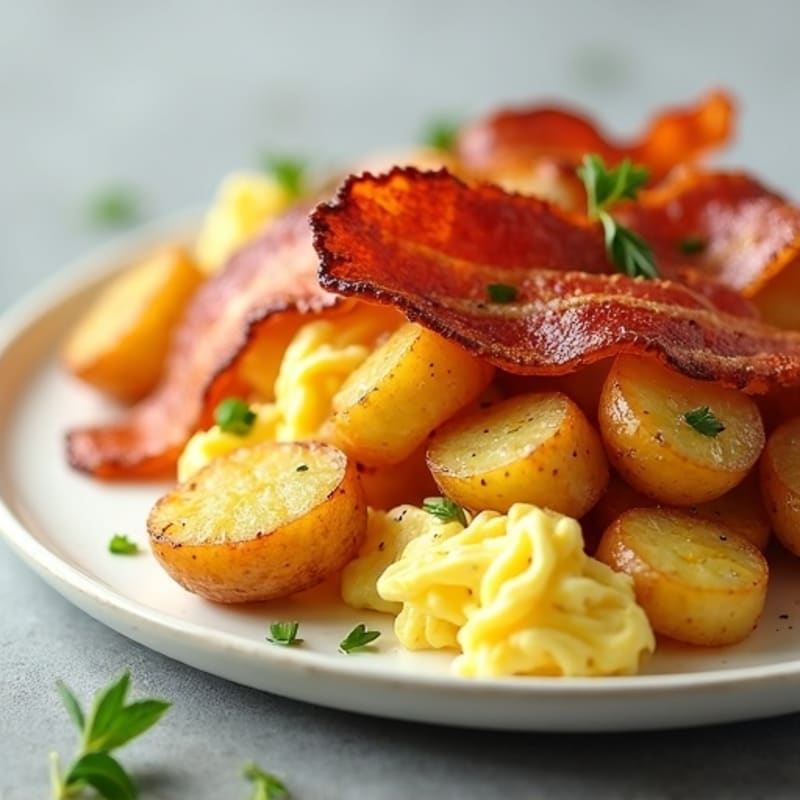Crispy Roasted Potatoes with Fluffy Scrambled Eggs and Crispy Bacon
