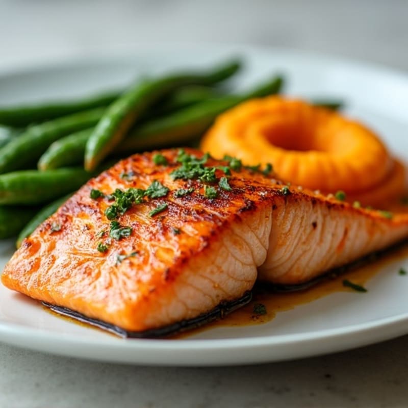 Seared Salmon with Garlic Green Beans and Sweet Potato Mash