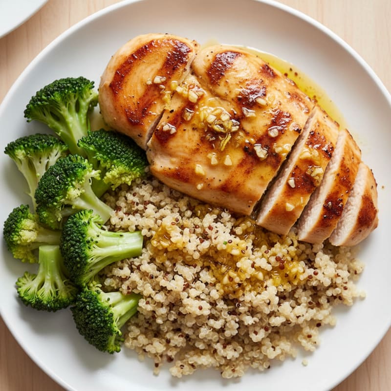 Grilled Lemon-Garlic Chicken Breast with Quinoa and Steamed Broccoli