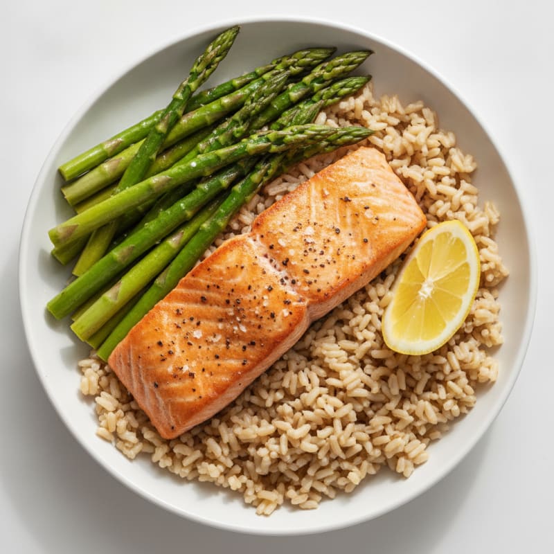Seared Salmon with Steamed Asparagus and Brown Rice