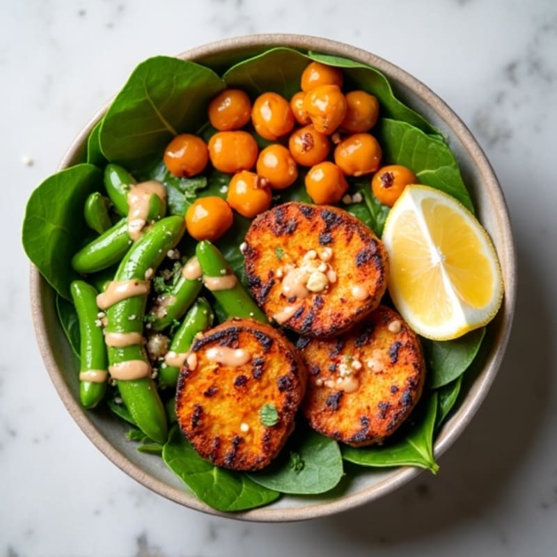 Crispy Roasted Chickpea and Sweet Potato Buddha Bowl with Creamy Tahini Dressing