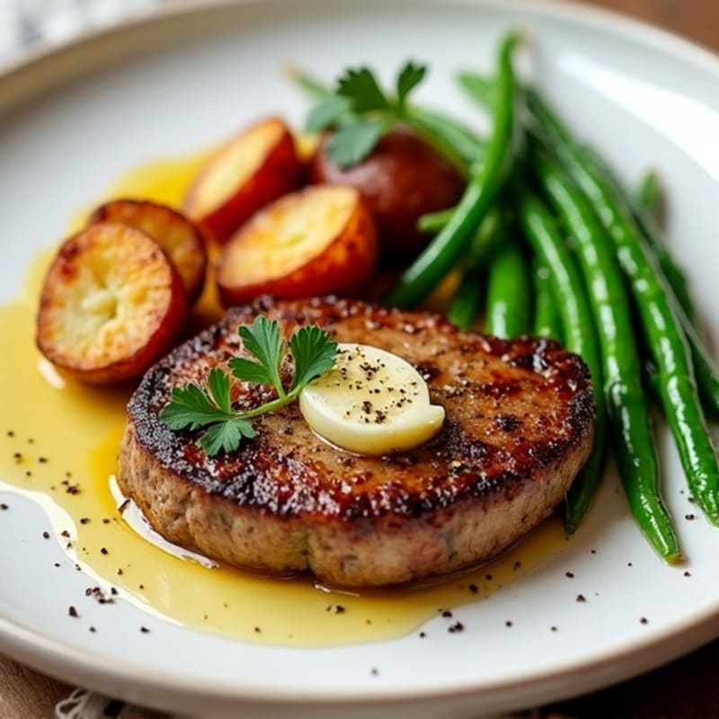 Pan-Seared Garlic Butter Steak with Crispy Roasted Potatoes and Green Beans