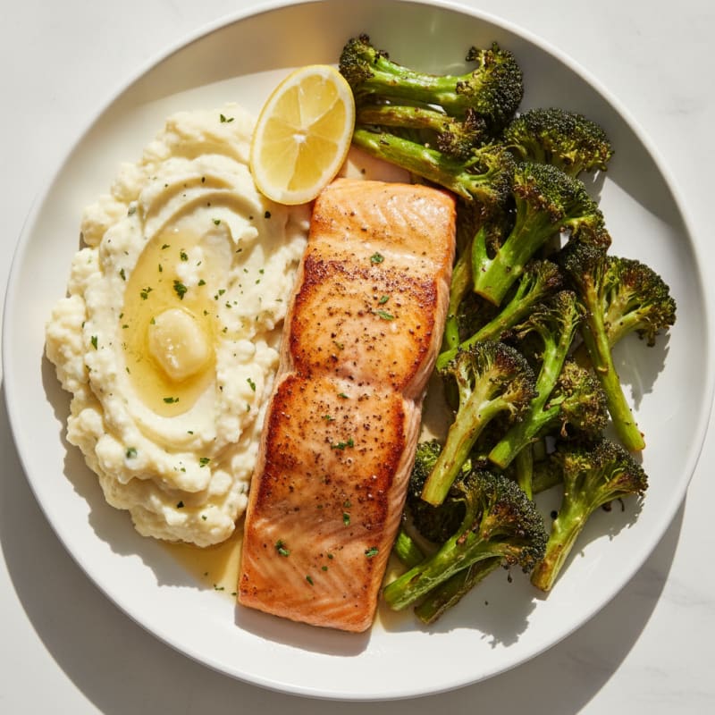 Seared Salmon with Roasted Broccoli and Garlic Mashed Cauliflower
