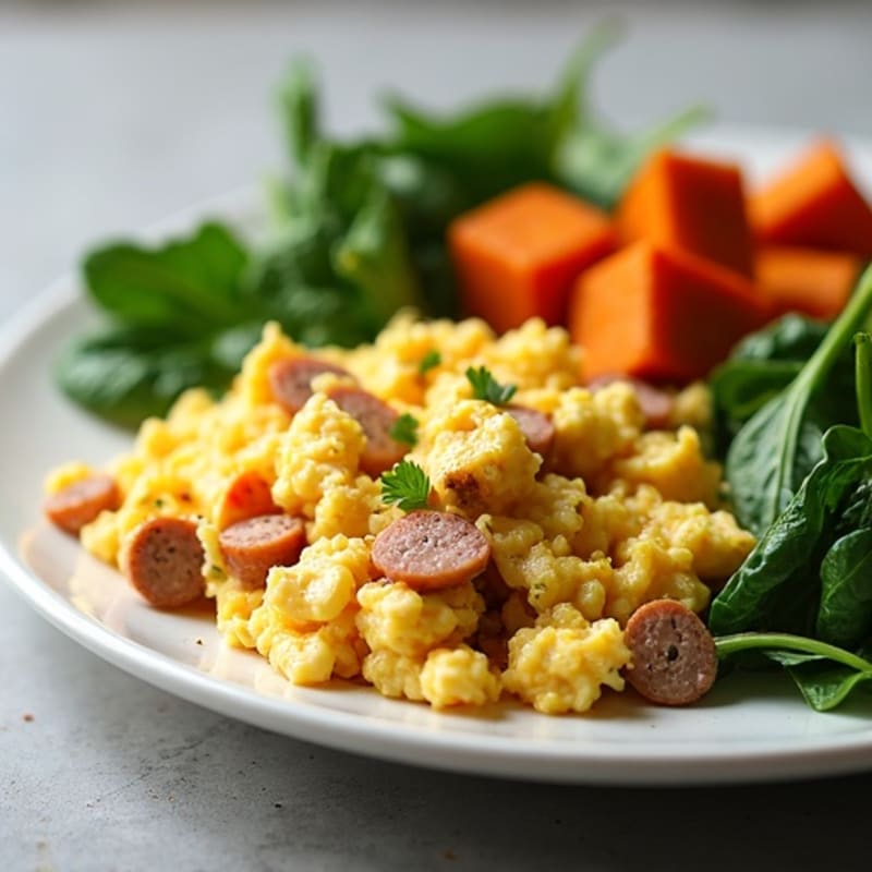 Egg White and Turkey Sausage Scramble with Spinach and Roasted Sweet Potato