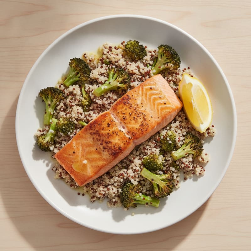 Seared Salmon Fillet with Roasted Broccoli and Quinoa