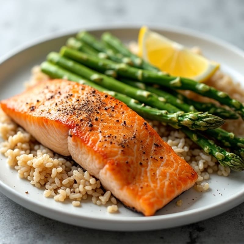 Baked Salmon Fillet with Steamed Asparagus and Brown Rice