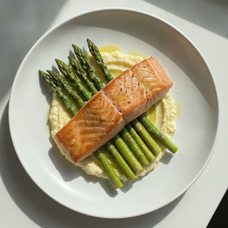 Seared Salmon Fillet with Roasted Asparagus and Cauliflower Mash