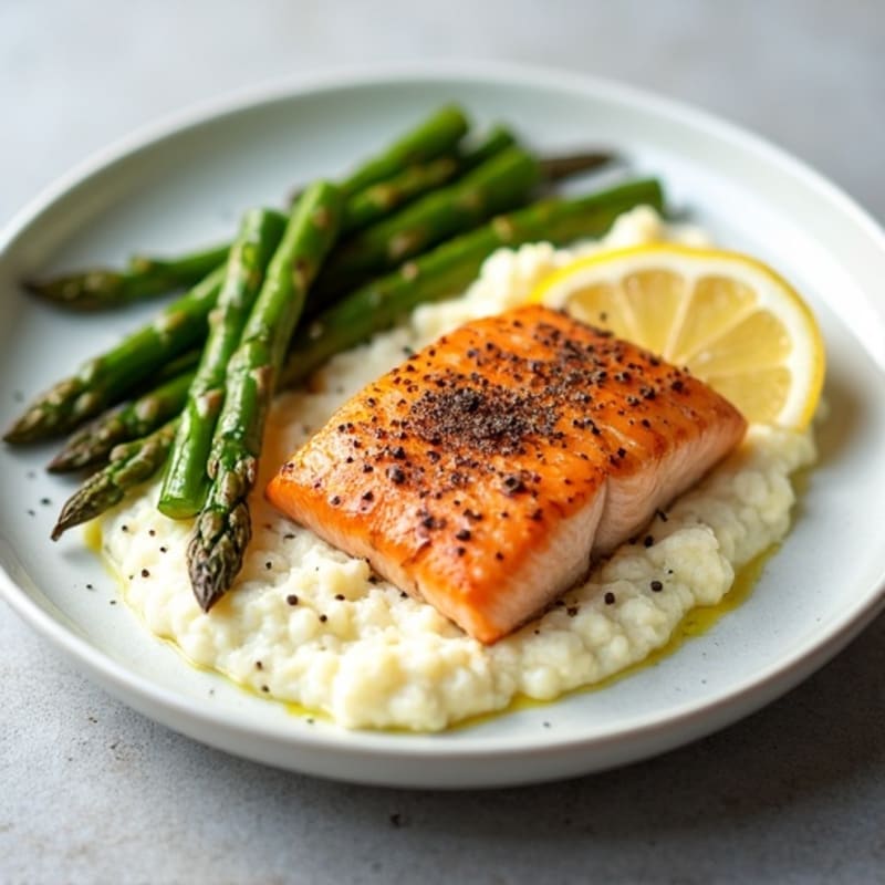 Seared Salmon with Roasted Asparagus and Cauliflower Mash