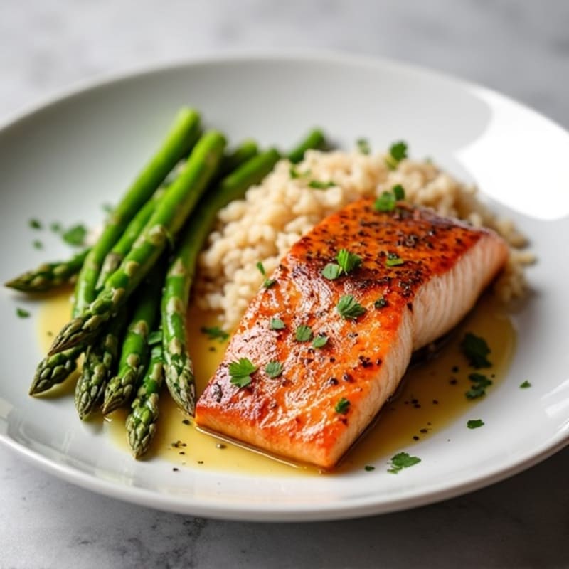 Seared Salmon with Steamed Asparagus and Brown Rice