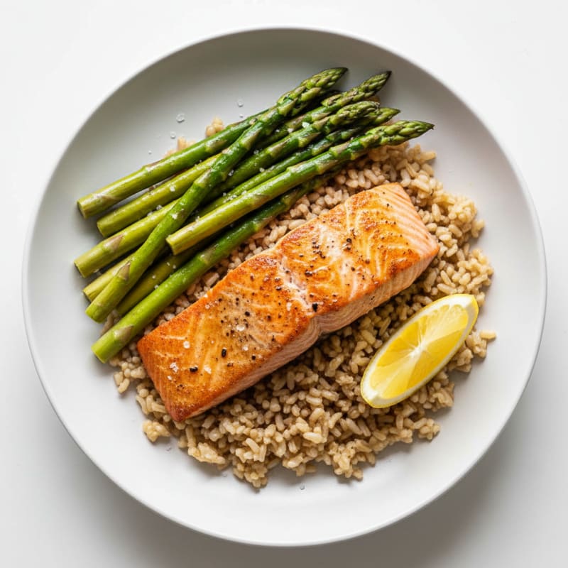 Seared Salmon with Steamed Asparagus and Brown Rice