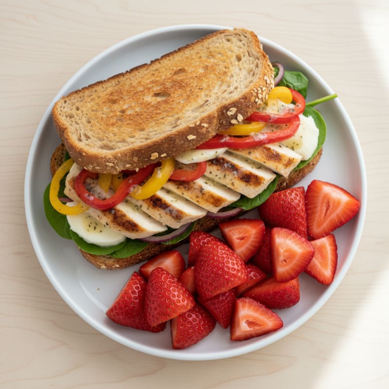 Grilled Chicken and Vegetable Sandwich with Low-Fat Cheese and Side of Fresh Fruit