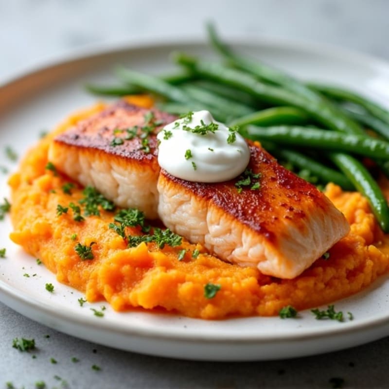 Seared Salmon with Steamed Green Beans and Sweet Potato Mash